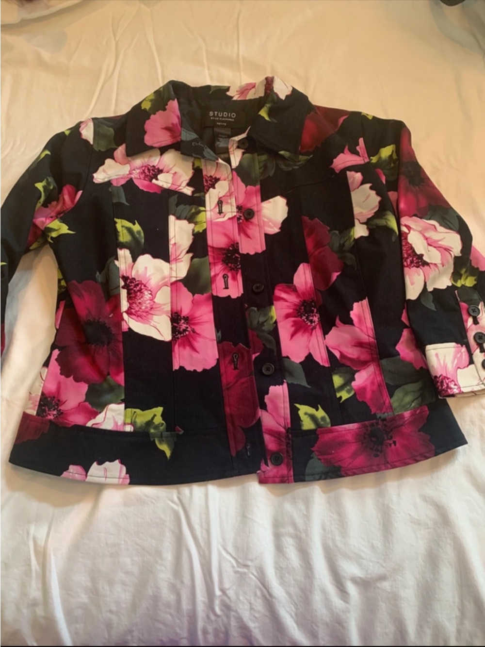 Liz Claiborne Black Floral Button Jacket - Pink & Green Blossoms